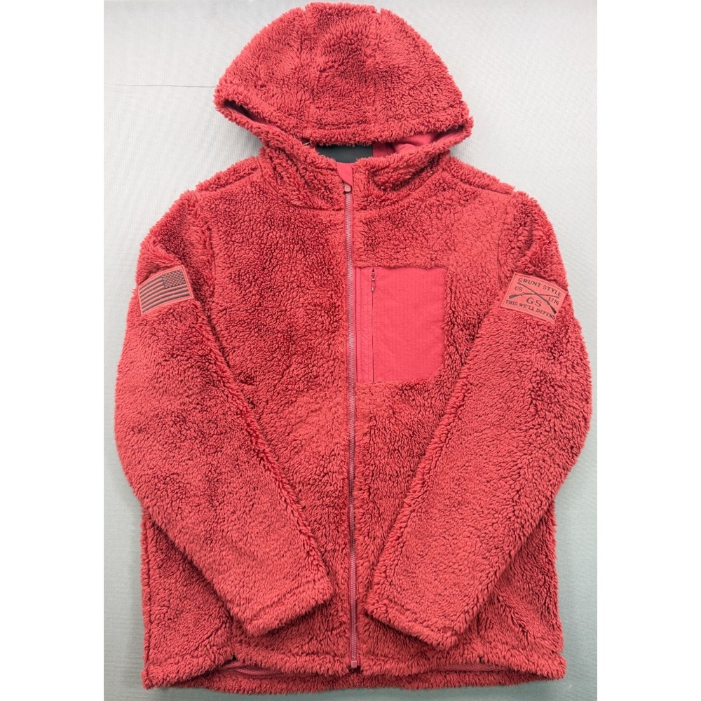 Grunt Style Sherpa Fleece Hooded Jacket Full Zip Flag Patch Red | Men's Medium - Picture 15 of 16